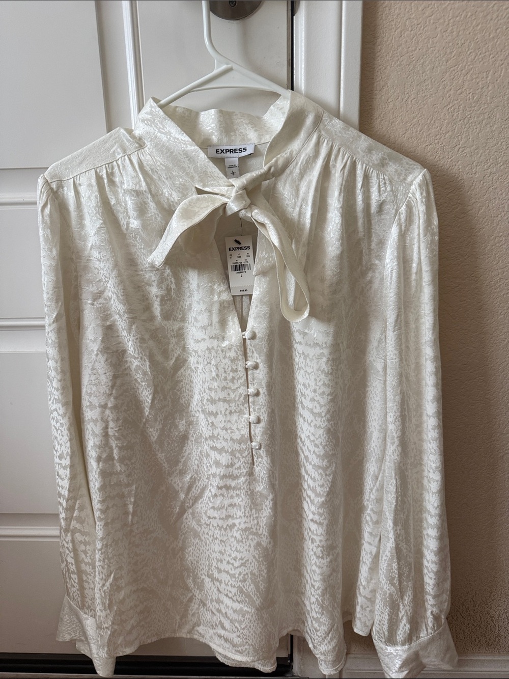 Express Ivory Satin Tie-Neck Blouse with Covered Buttons